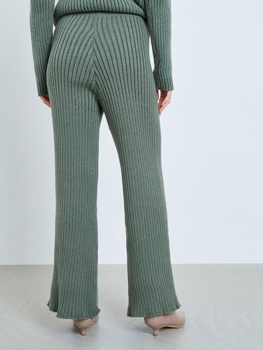 Green Ribbed Knit Straight Leg Pants