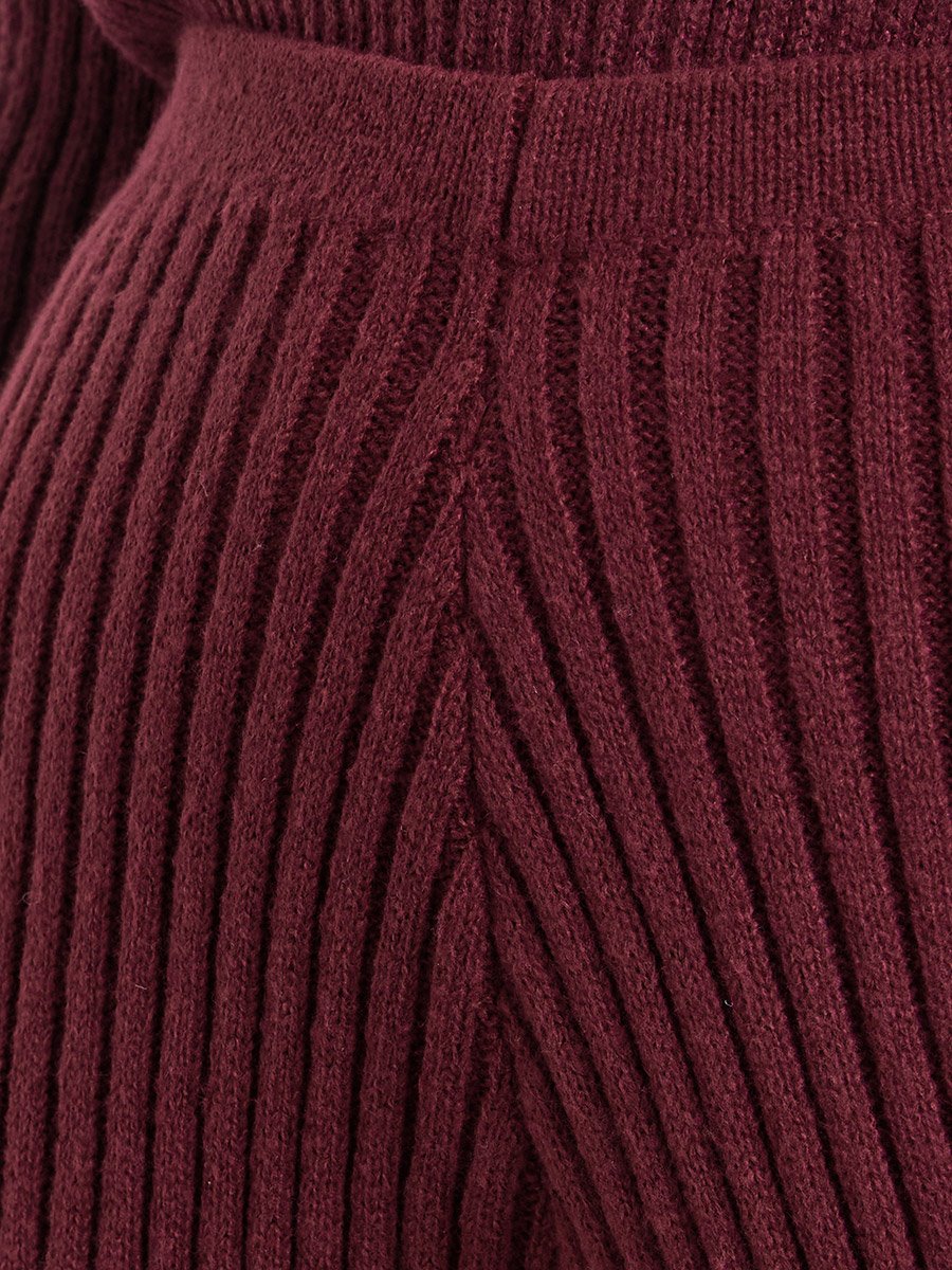 Women Burgundy Ribbed Knit Wide Leg Trousers