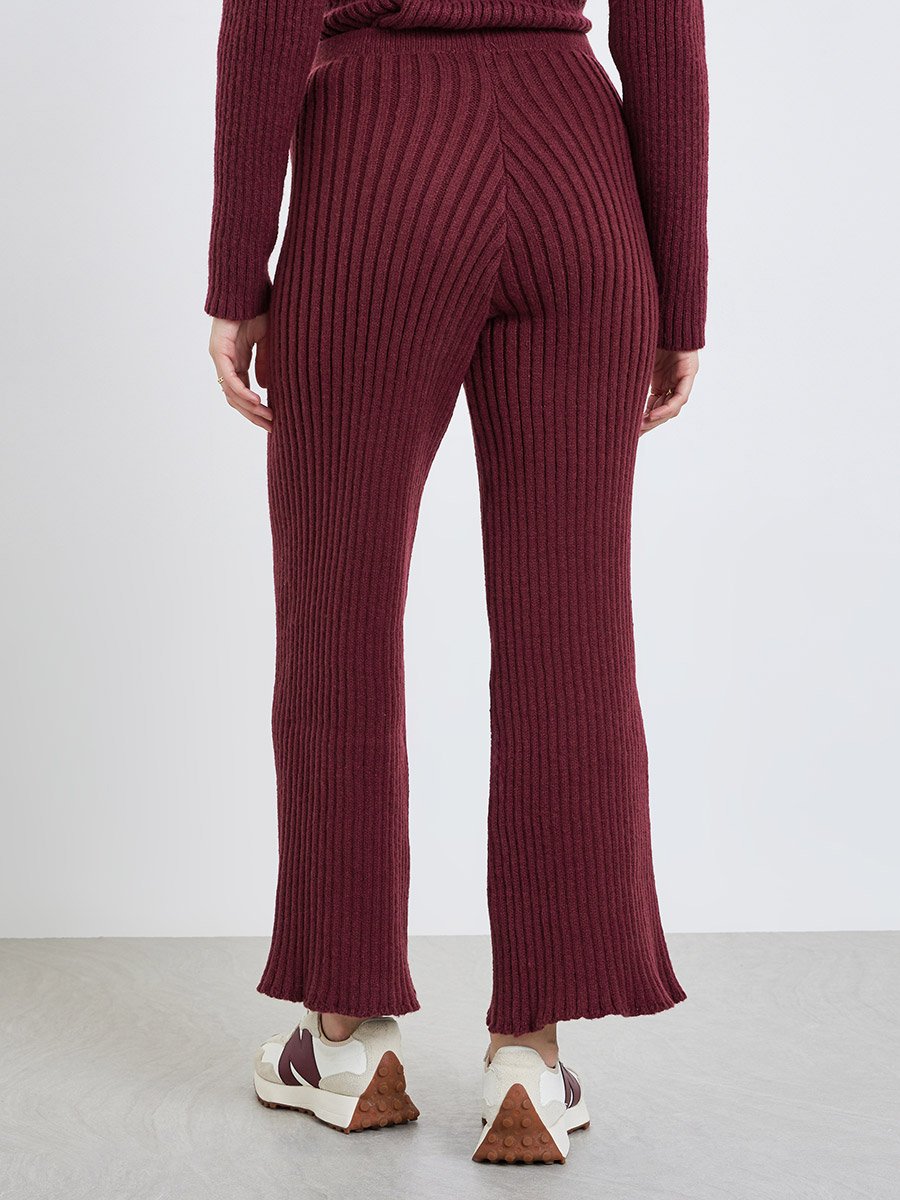 Women Burgundy Ribbed Knit Wide Leg Trousers