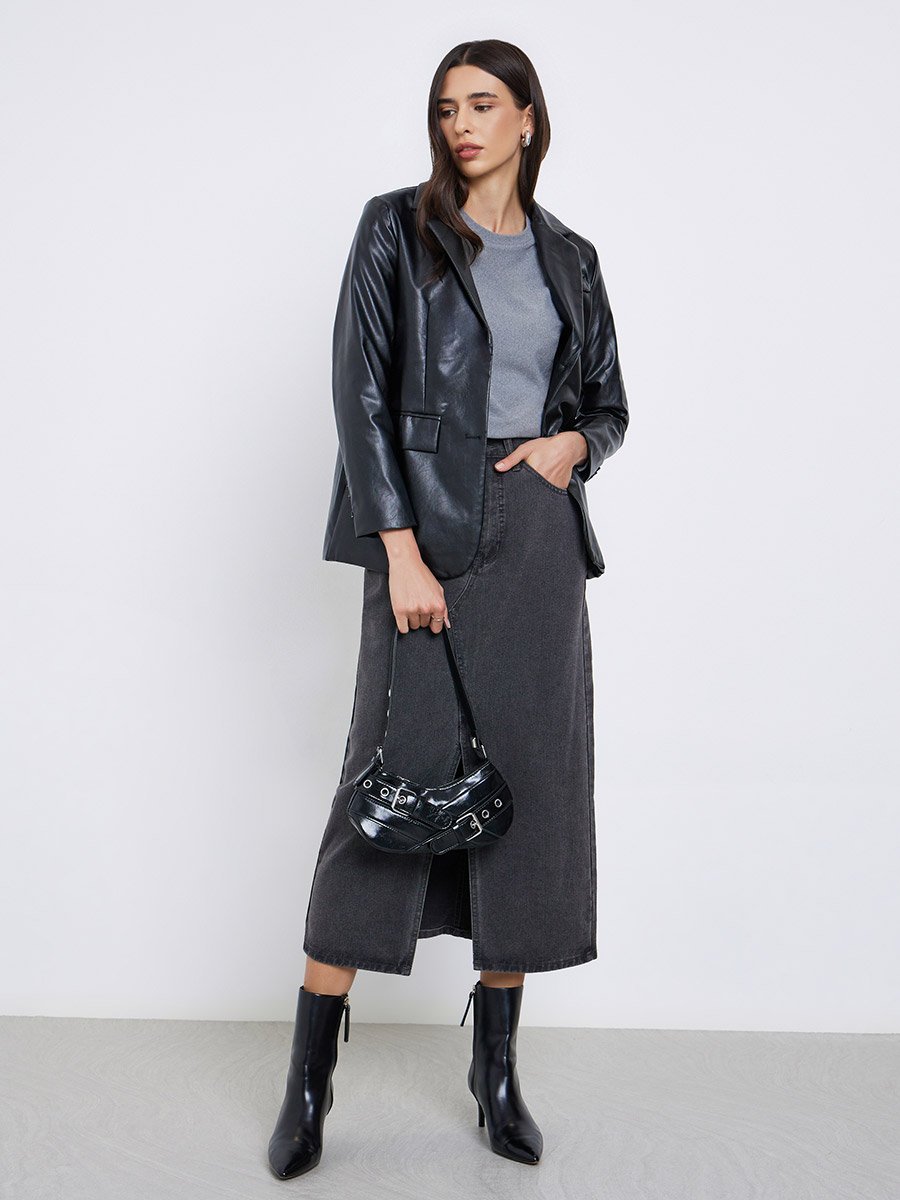 Black Regular Fit Leather Look Blazer