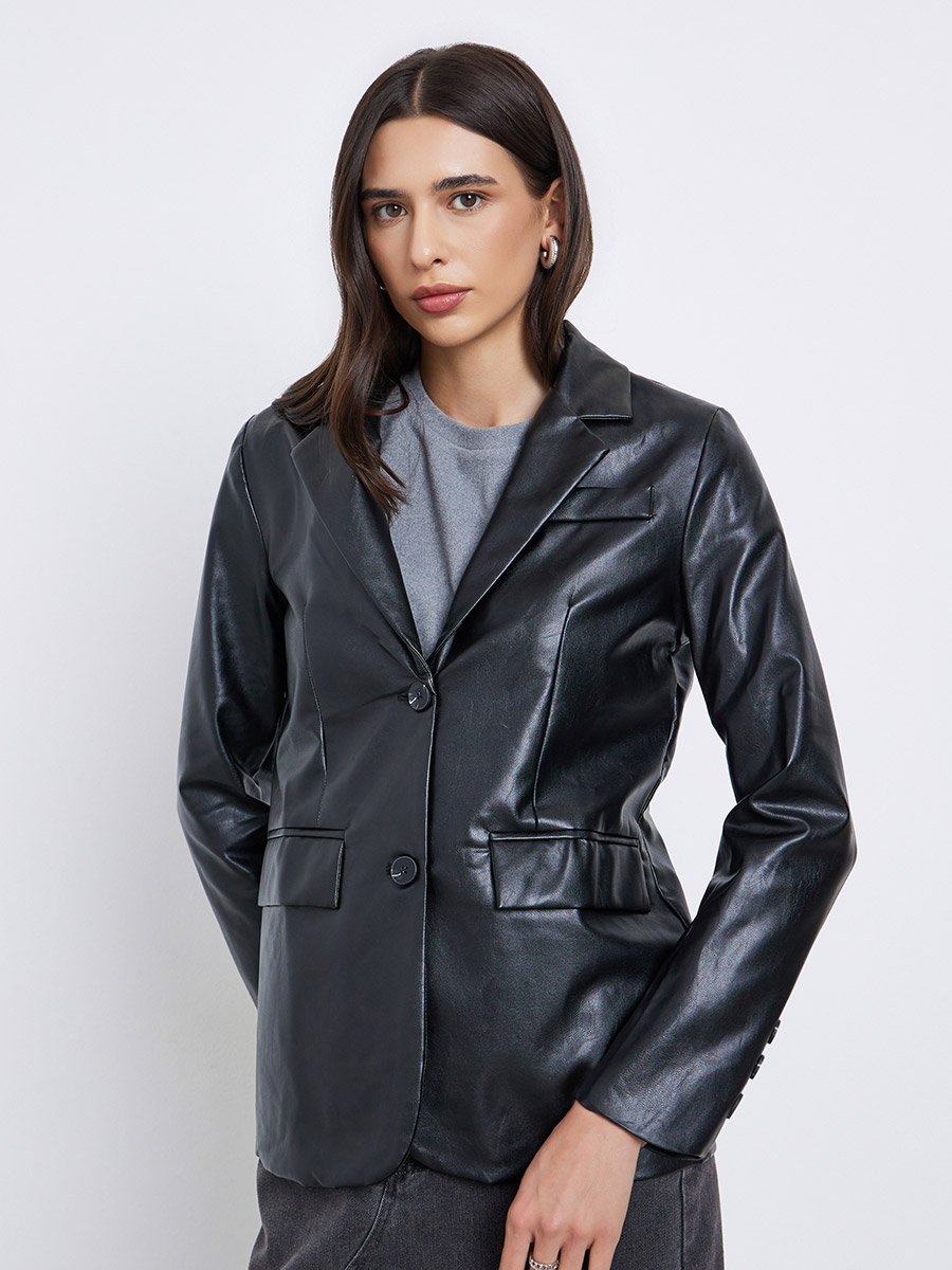 Black Regular Fit Leather Look Blazer