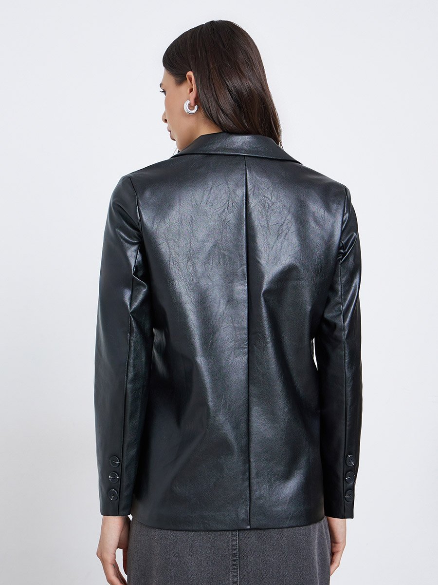 Black Regular Fit Leather Look Blazer