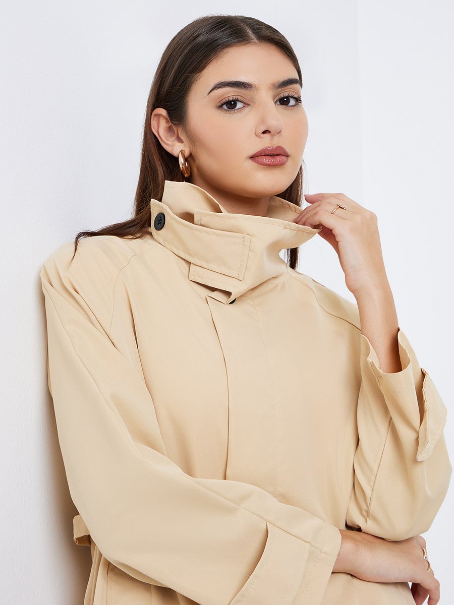 Beige Longline Utility Trench Jacket