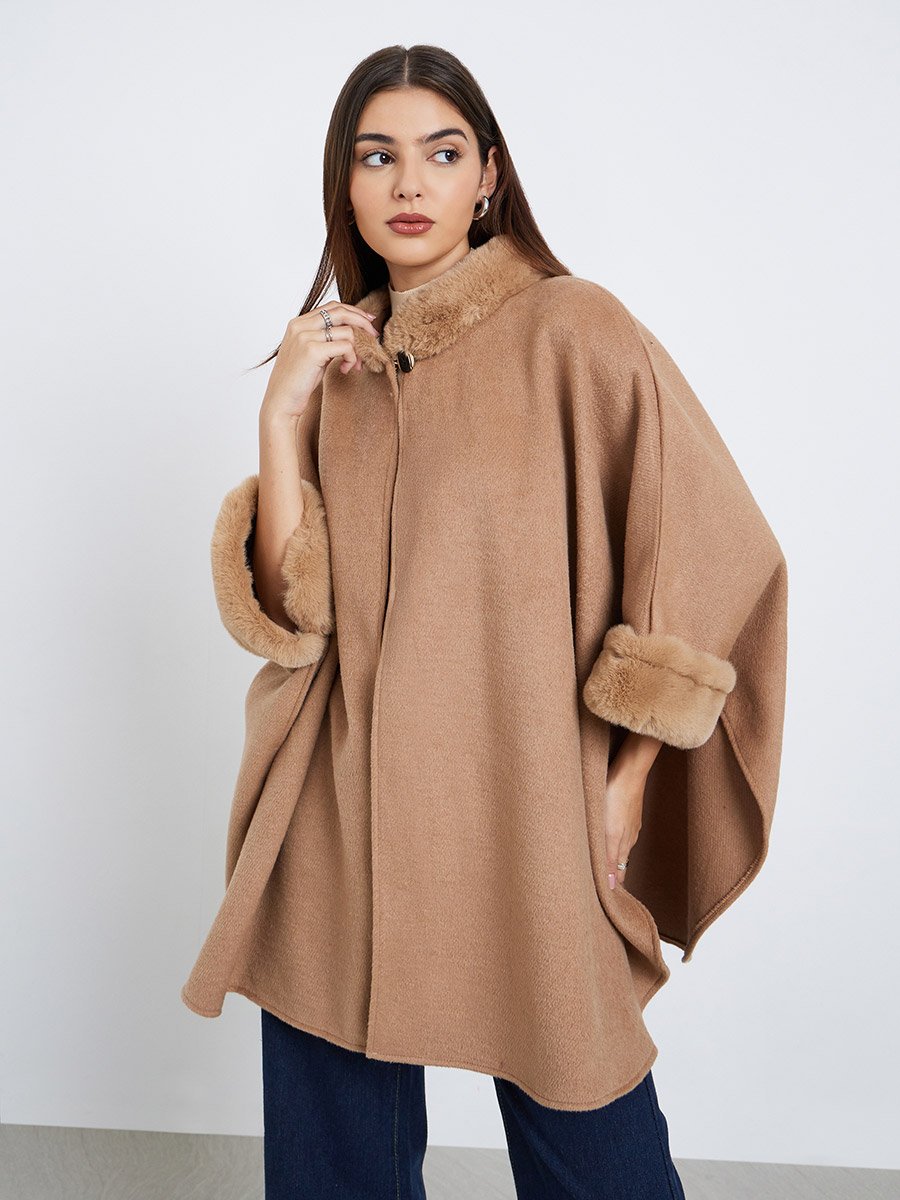 Beige Faux Fur Trim Oversized Cape Coat