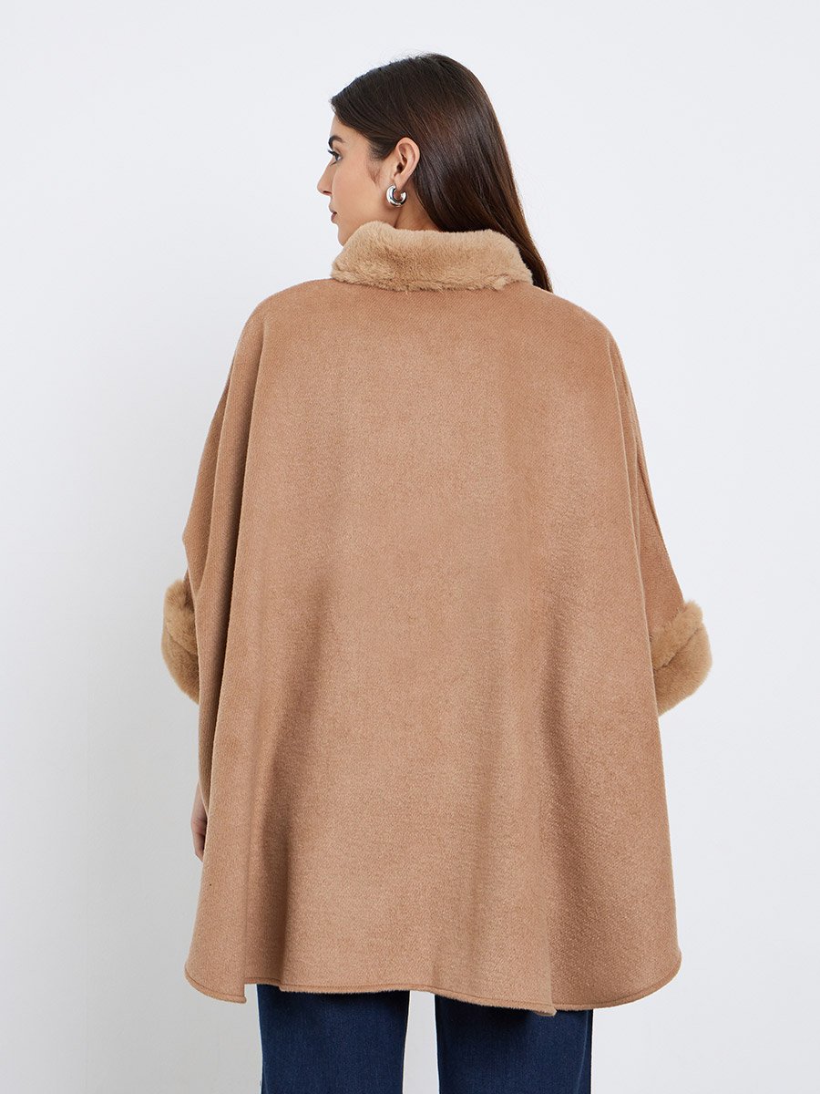 Beige Faux Fur Trim Oversized Cape Coat