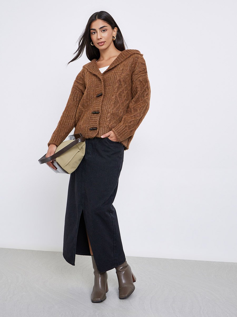 Brown Cable Knit Oversized Hooded Cardigan