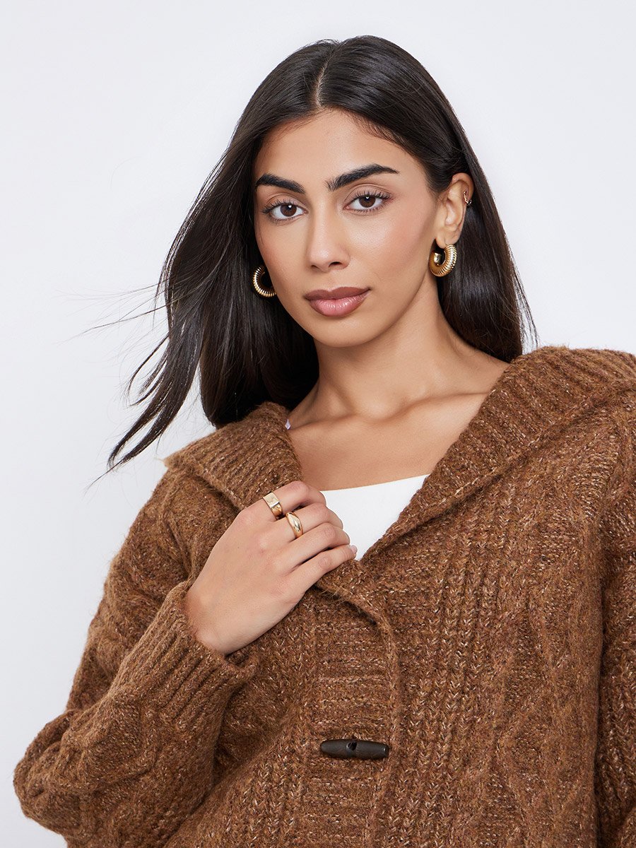Brown Cable Knit Oversized Hooded Cardigan