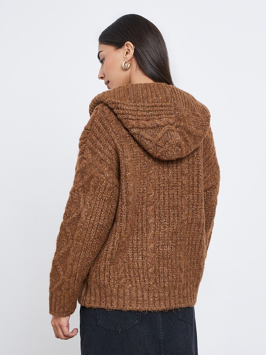 Brown Cable Knit Oversized Hooded Cardigan