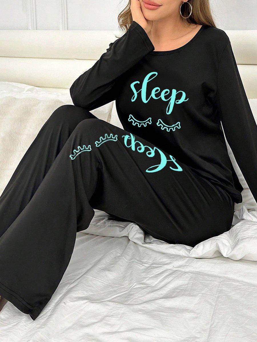 Slogan Print Long Sleeve T-Shirt with Bow Detail Pants Set
