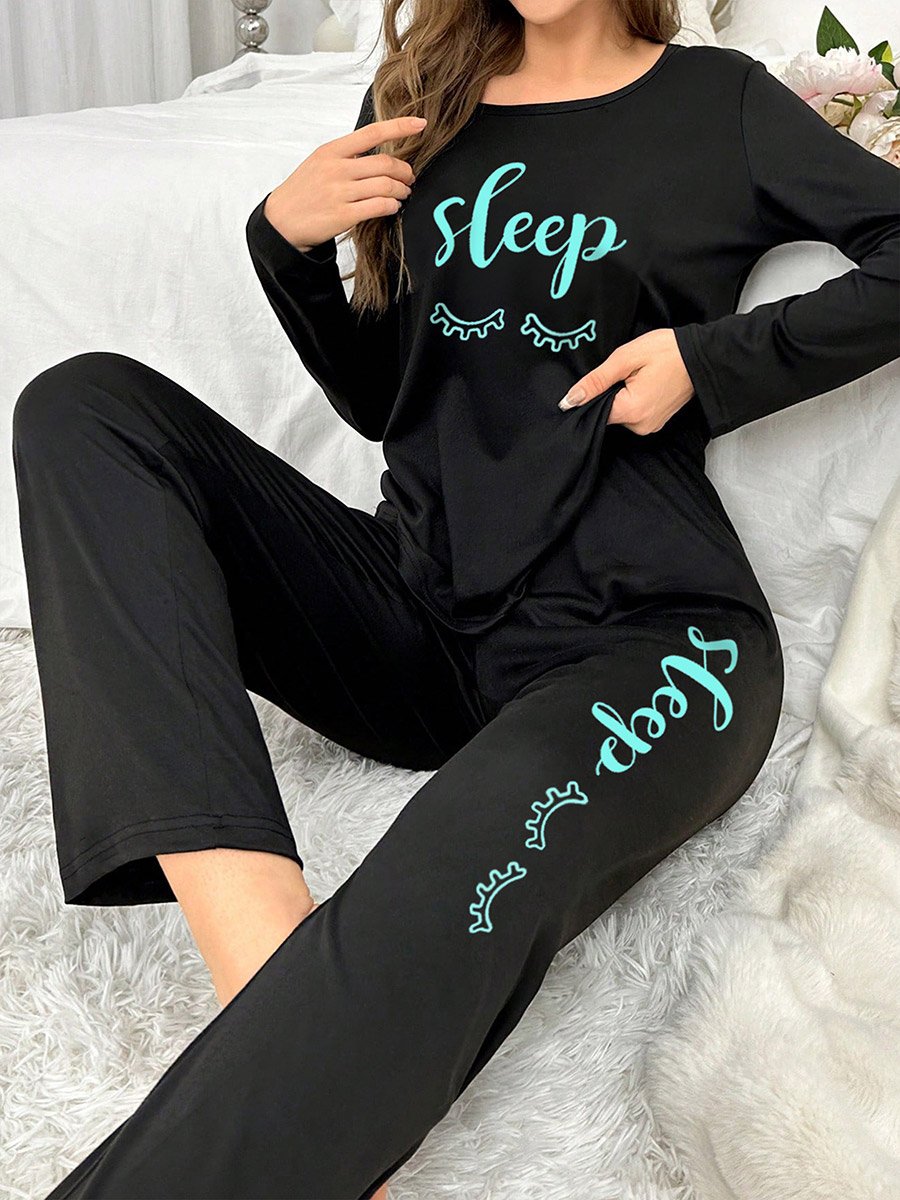 Slogan Print Long Sleeve T-Shirt with Bow Detail Pants Set