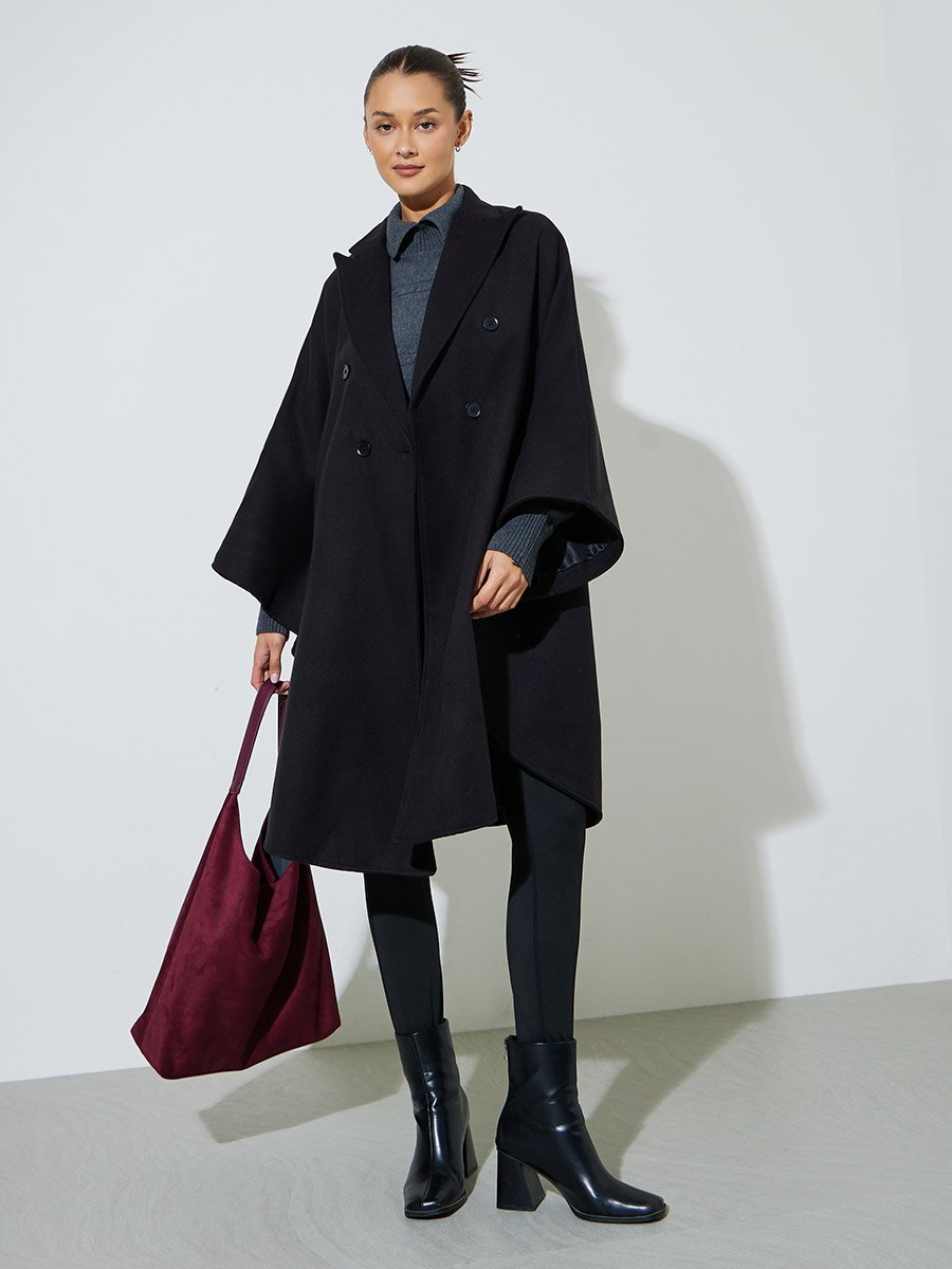 Black Cape Fit Double Breasted Coat