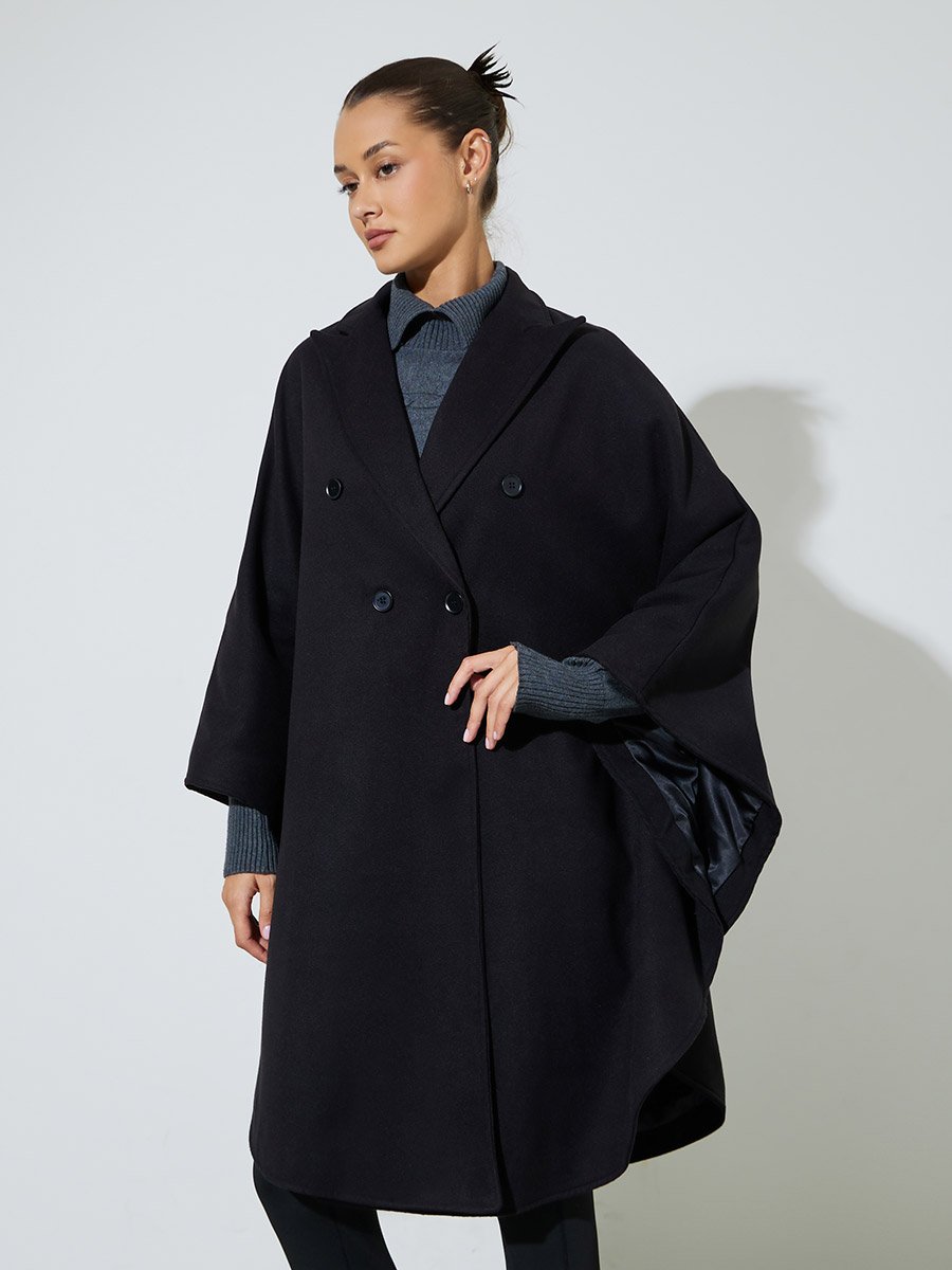 Black Cape Fit Double Breasted Coat