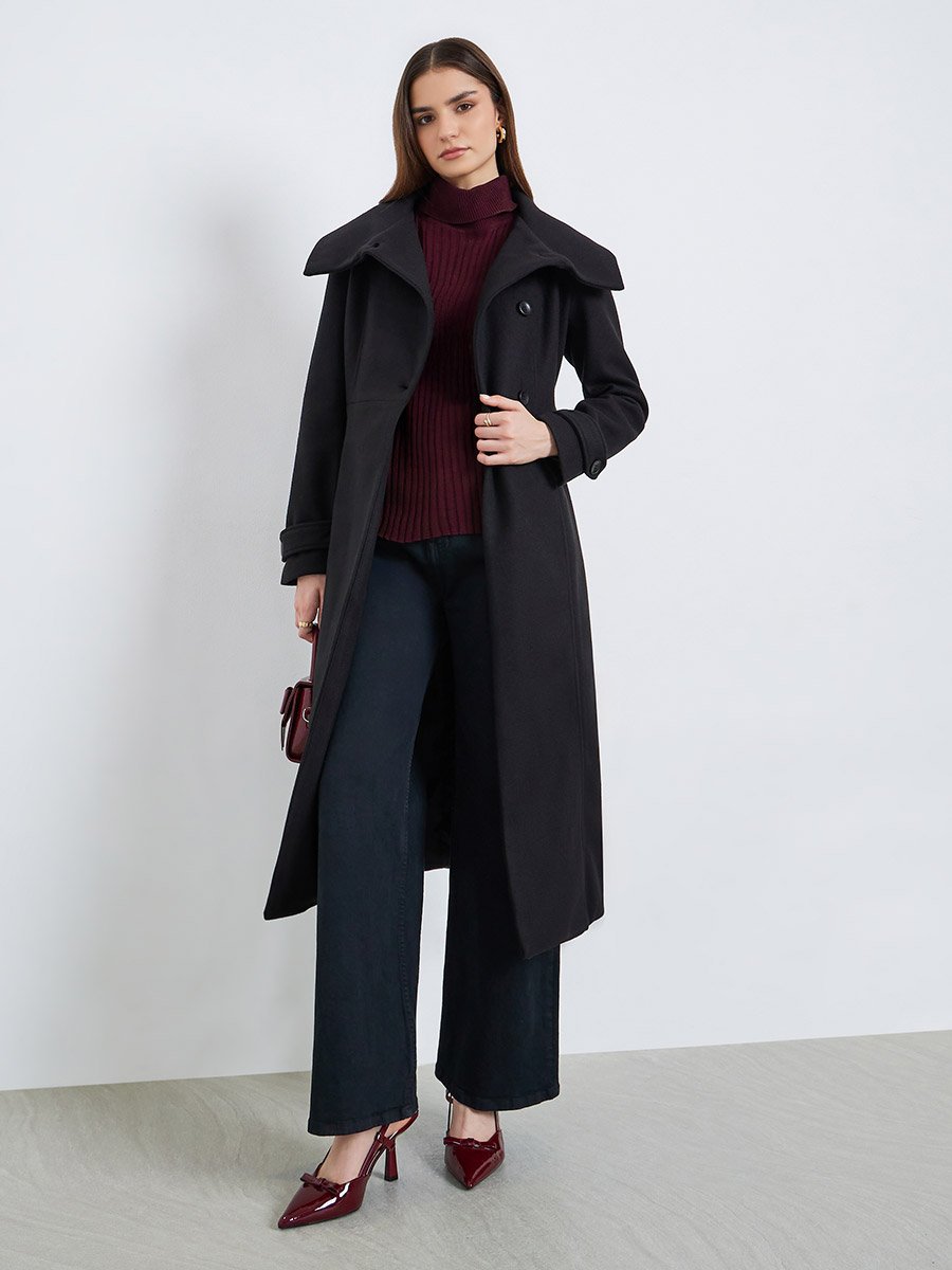 Women Black Midi Length Belted Wool Coat