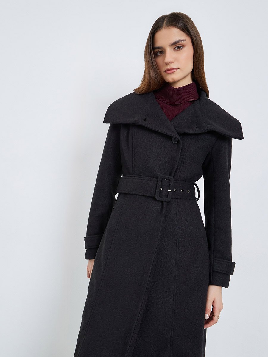 Women Black Midi Length Belted Wool Coat