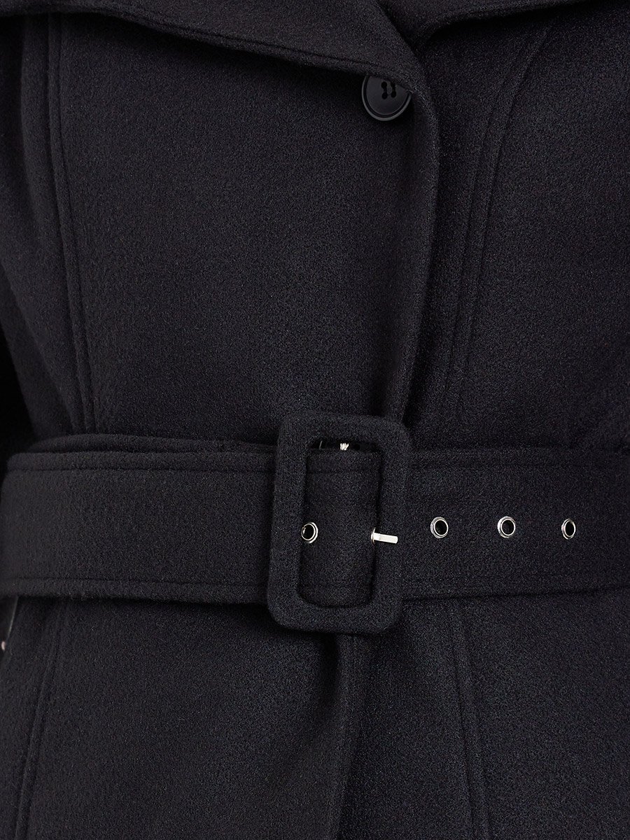 Women Black Midi Length Belted Wool Coat