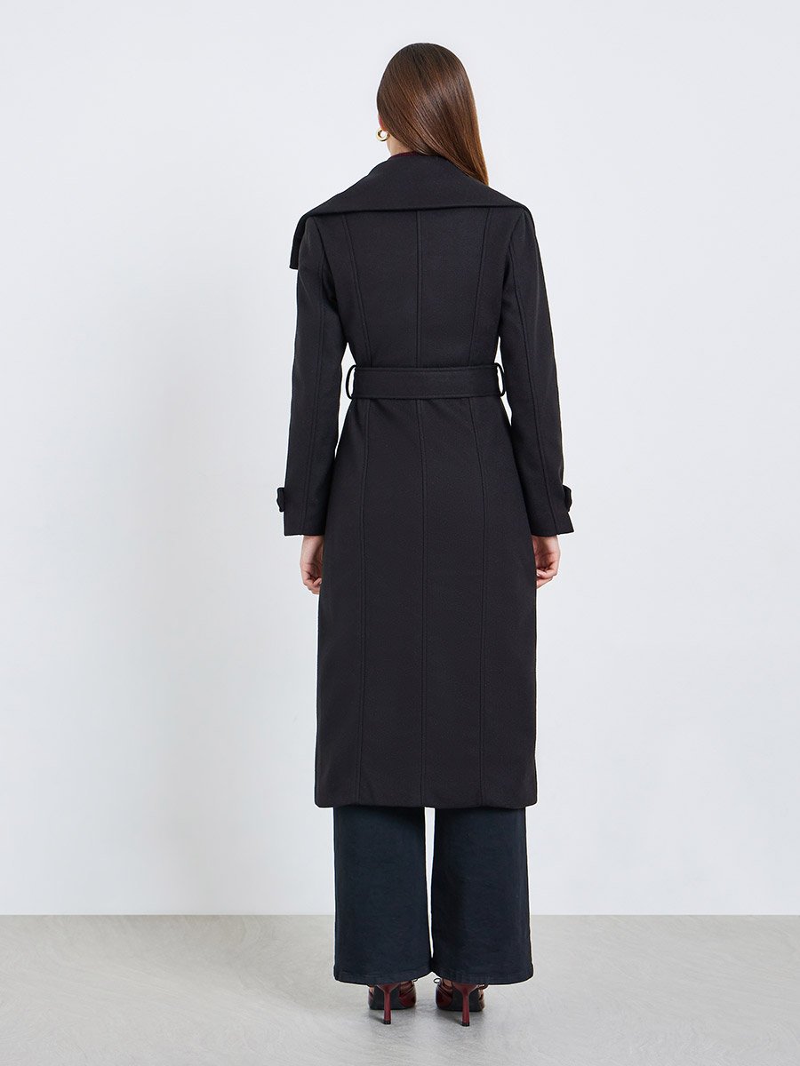 Women Black Midi Length Belted Wool Coat