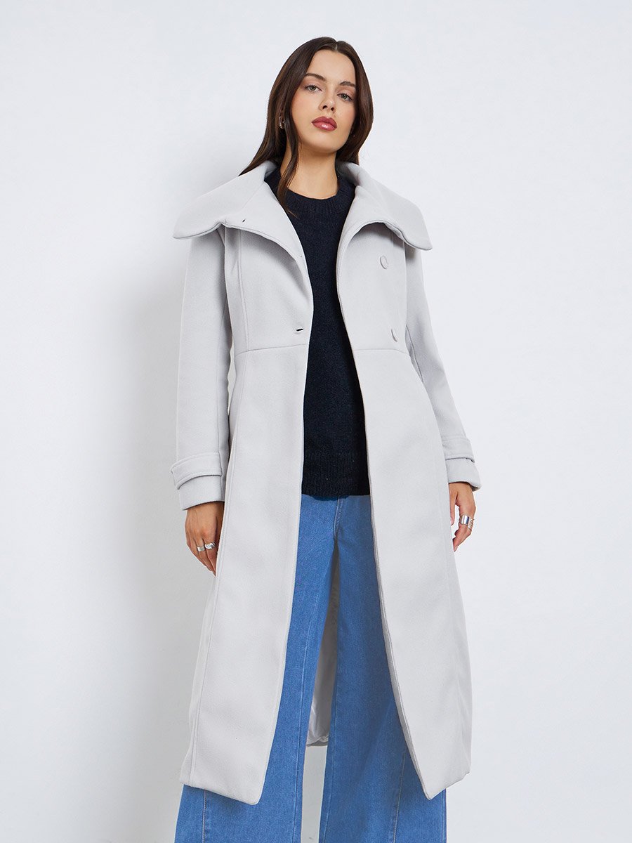 Grey Midi Belted Wool Coat