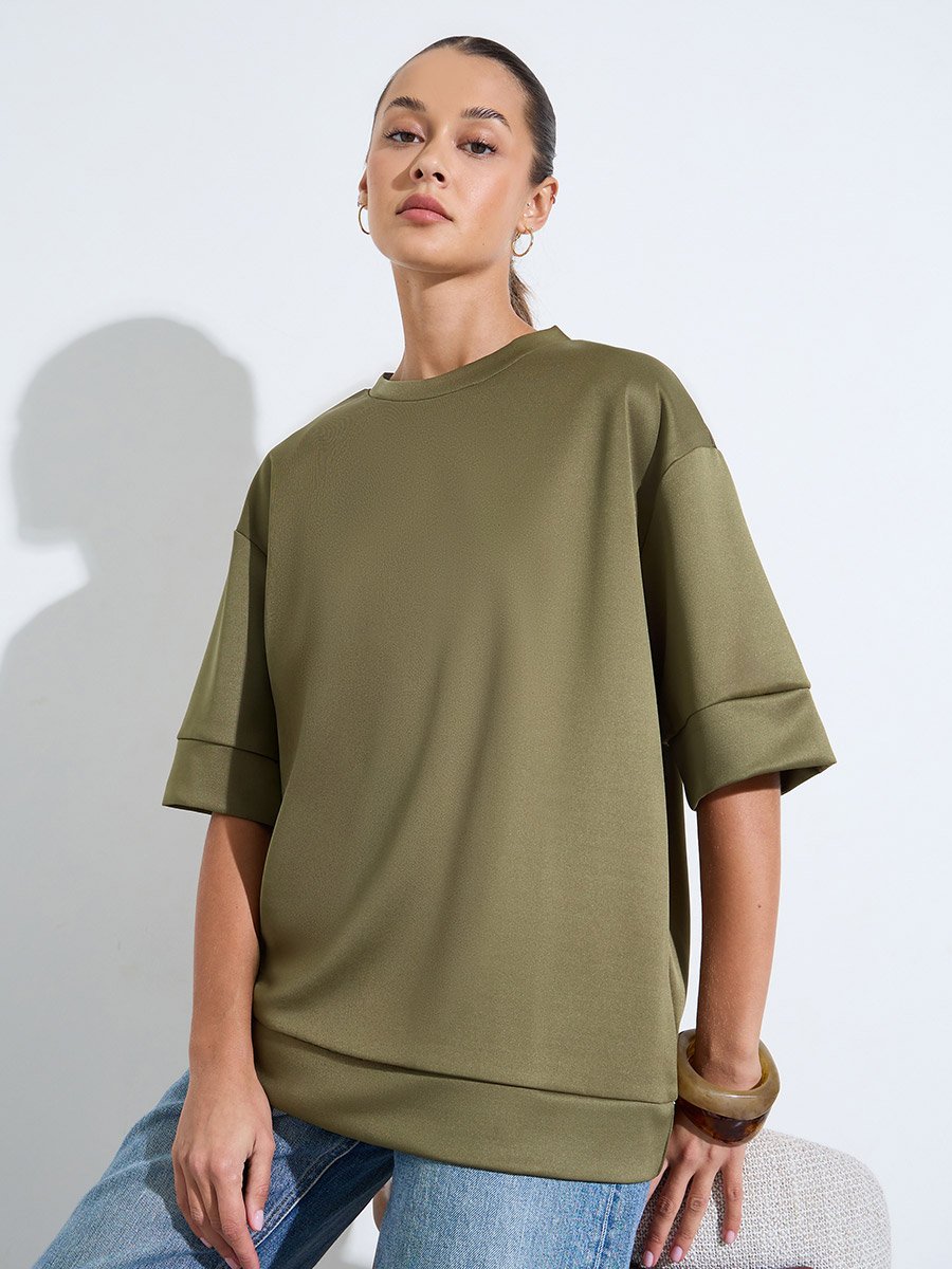 Khaki Oversized Round Neck T-Shirt