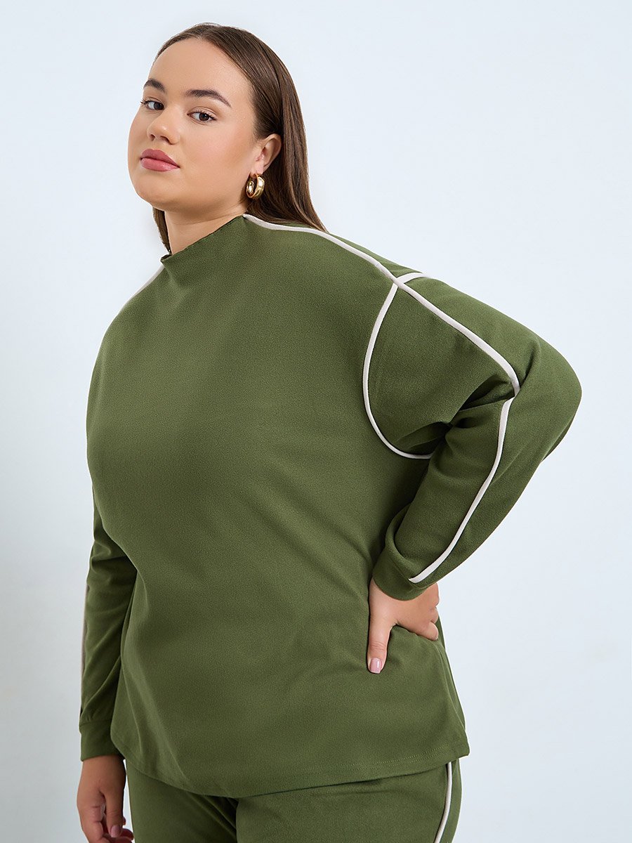 Plus Size Green Funnel Neck Sweatshirt