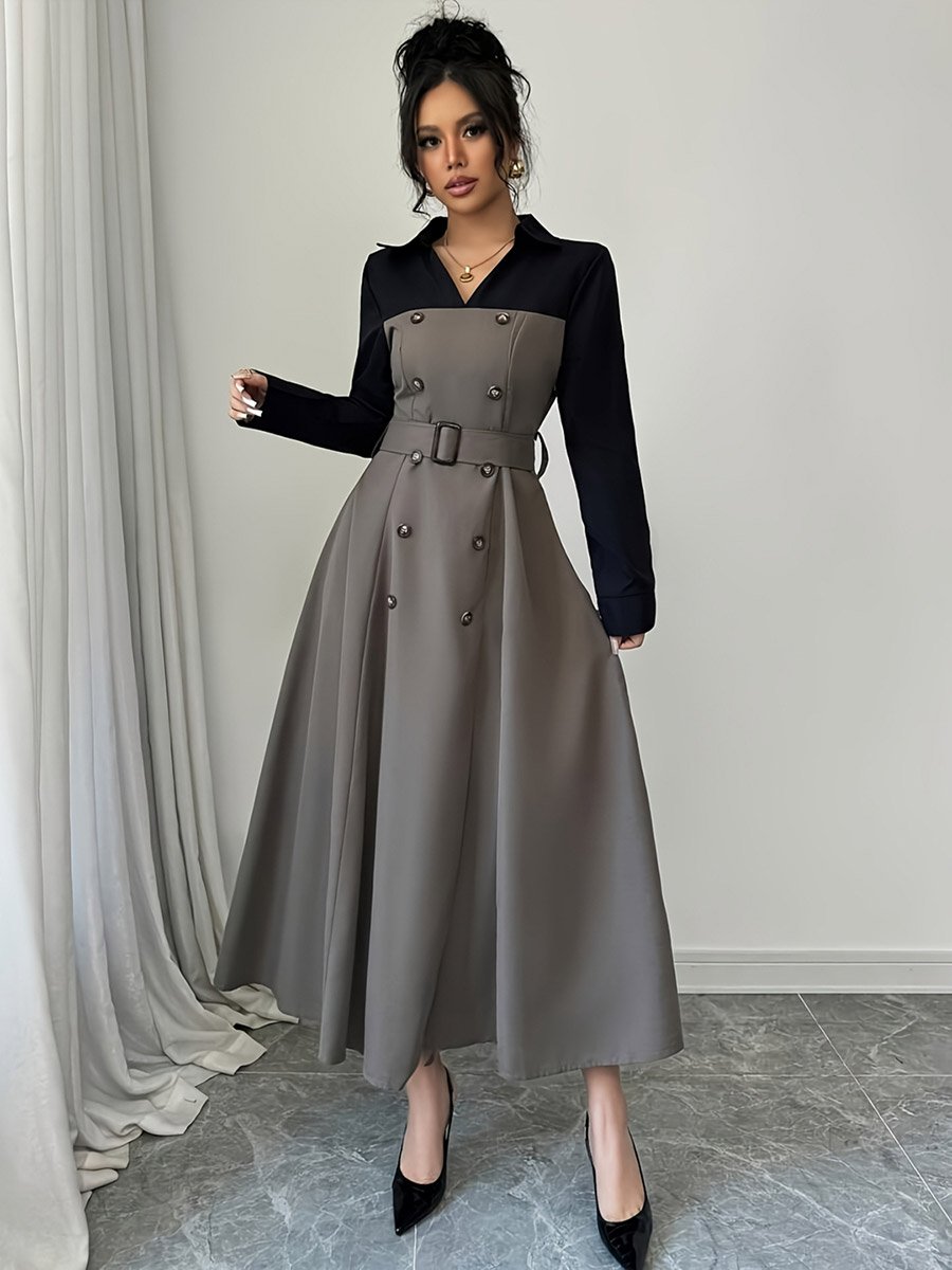 Grey Color Block Collared Maxi Dress