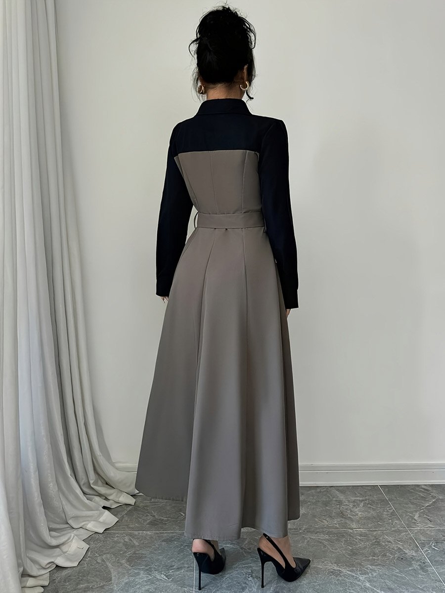 Grey Color Block Collared Maxi Dress