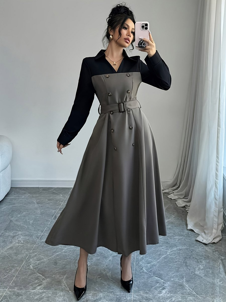 Grey Color Block Collared Maxi Dress