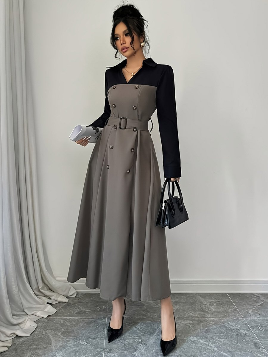 Grey Color Block Collared Maxi Dress