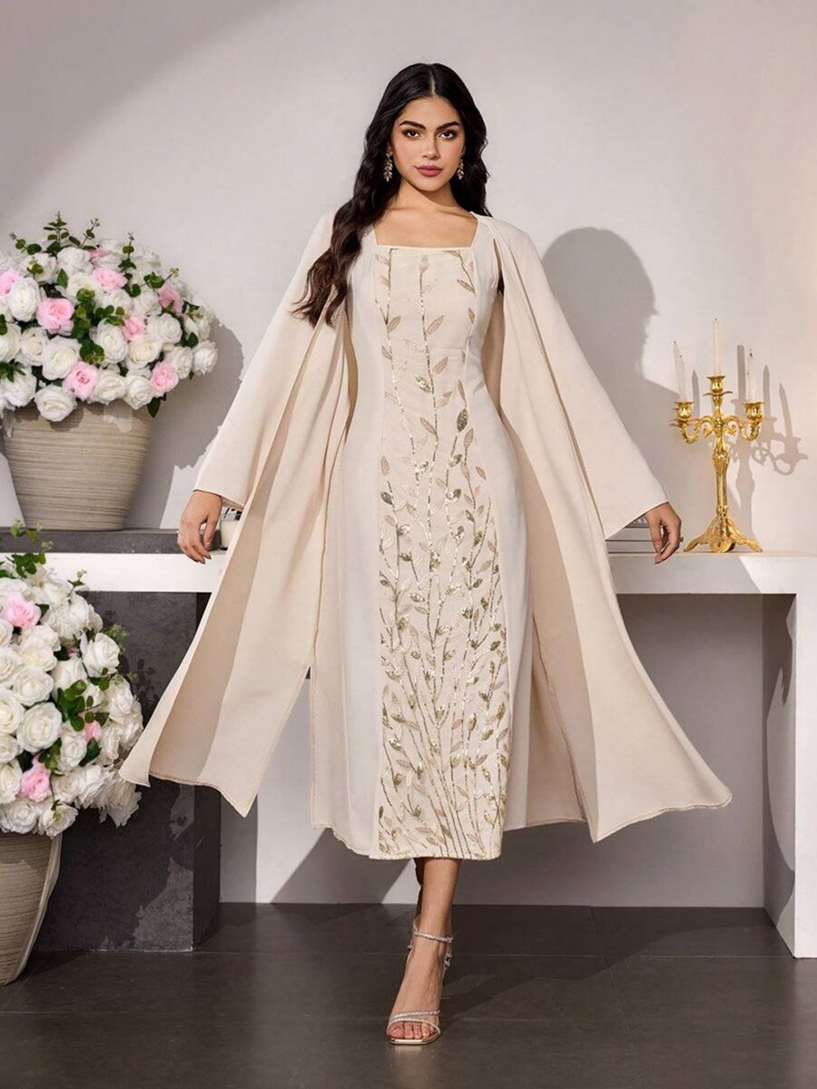 Beige Embroidered Midi Dress and Kimono Co-ords For Women at Kuwait | Styli Beige Embroidered Midi Dress and Kimono Co-ords For Women at Kuwait | Styli