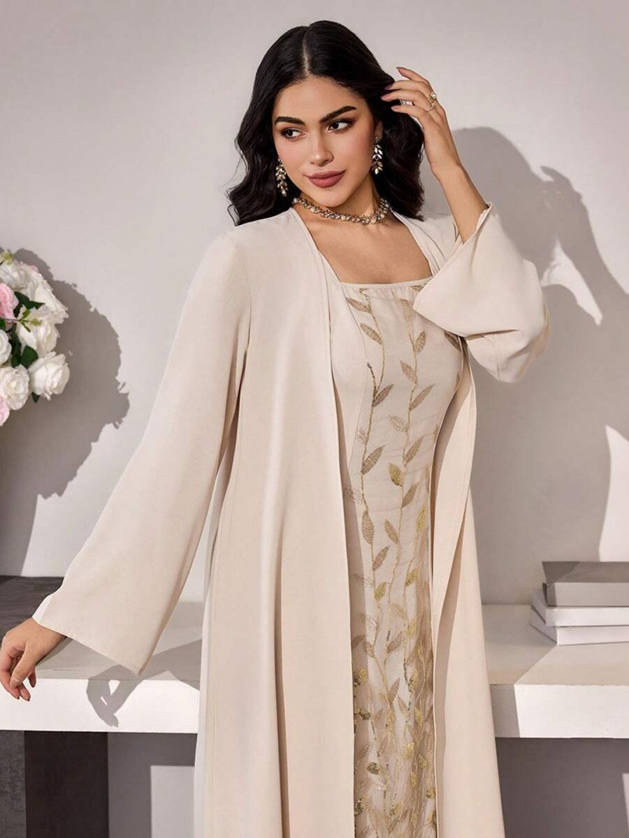 Beige Embroidered Midi Dress and Kimono Co-ords