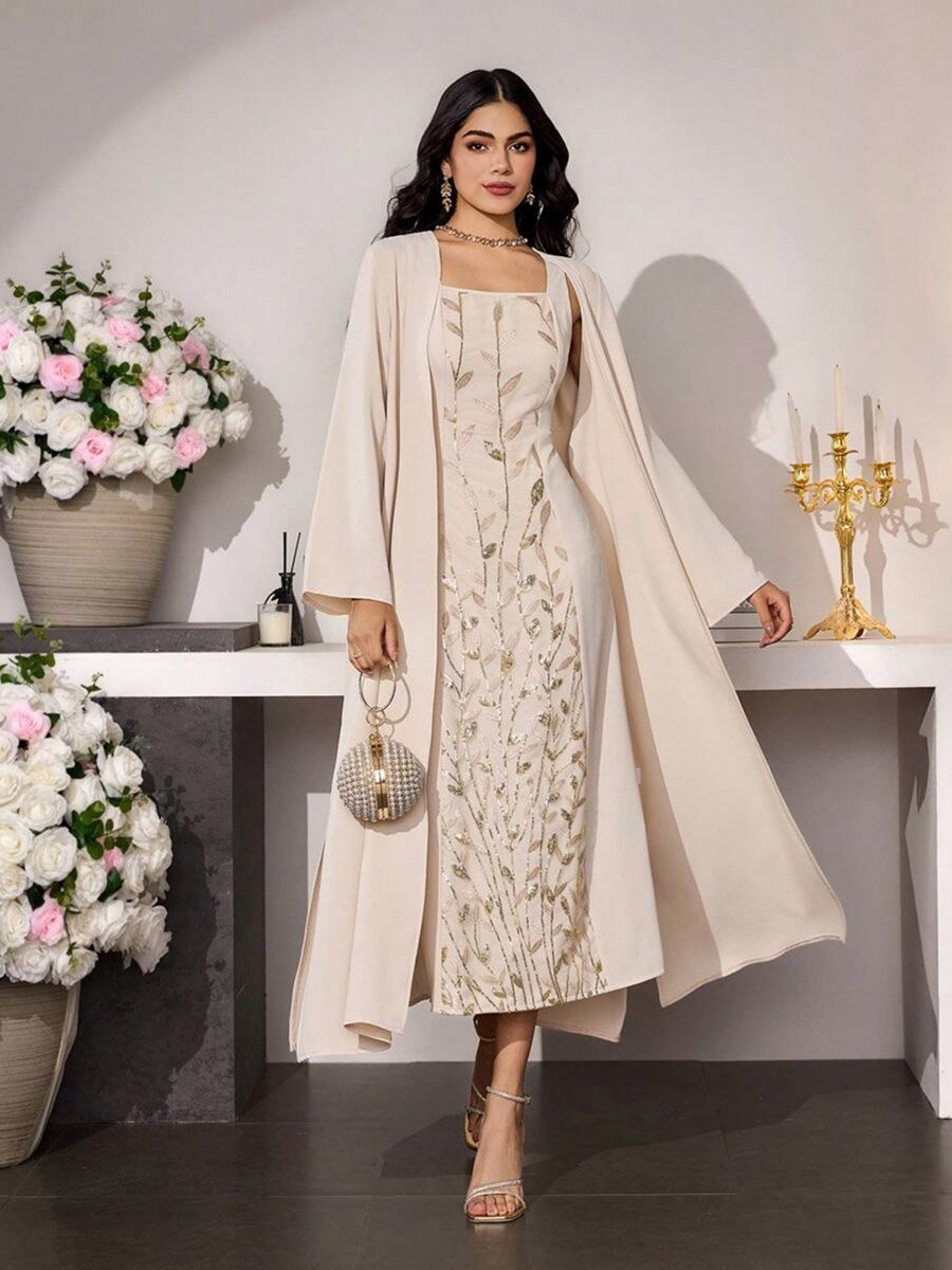 Beige Embroidered Midi Dress and Kimono Co-ords