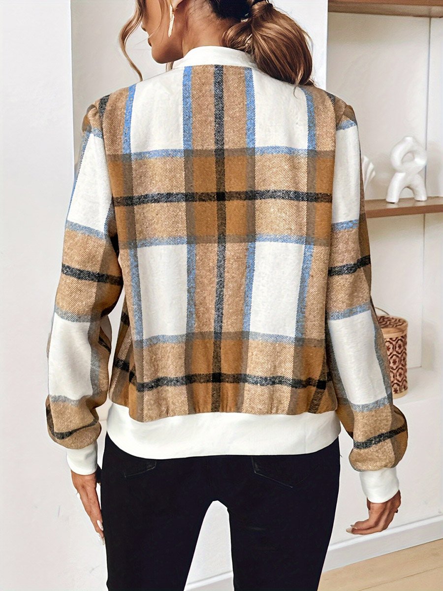 Plaid Bomber Jacket with Zip Closure