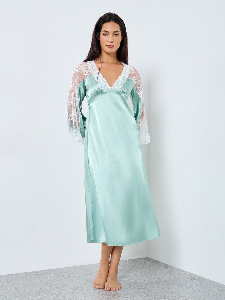 Contrast Lace Insert V Neck Satin Nightdress