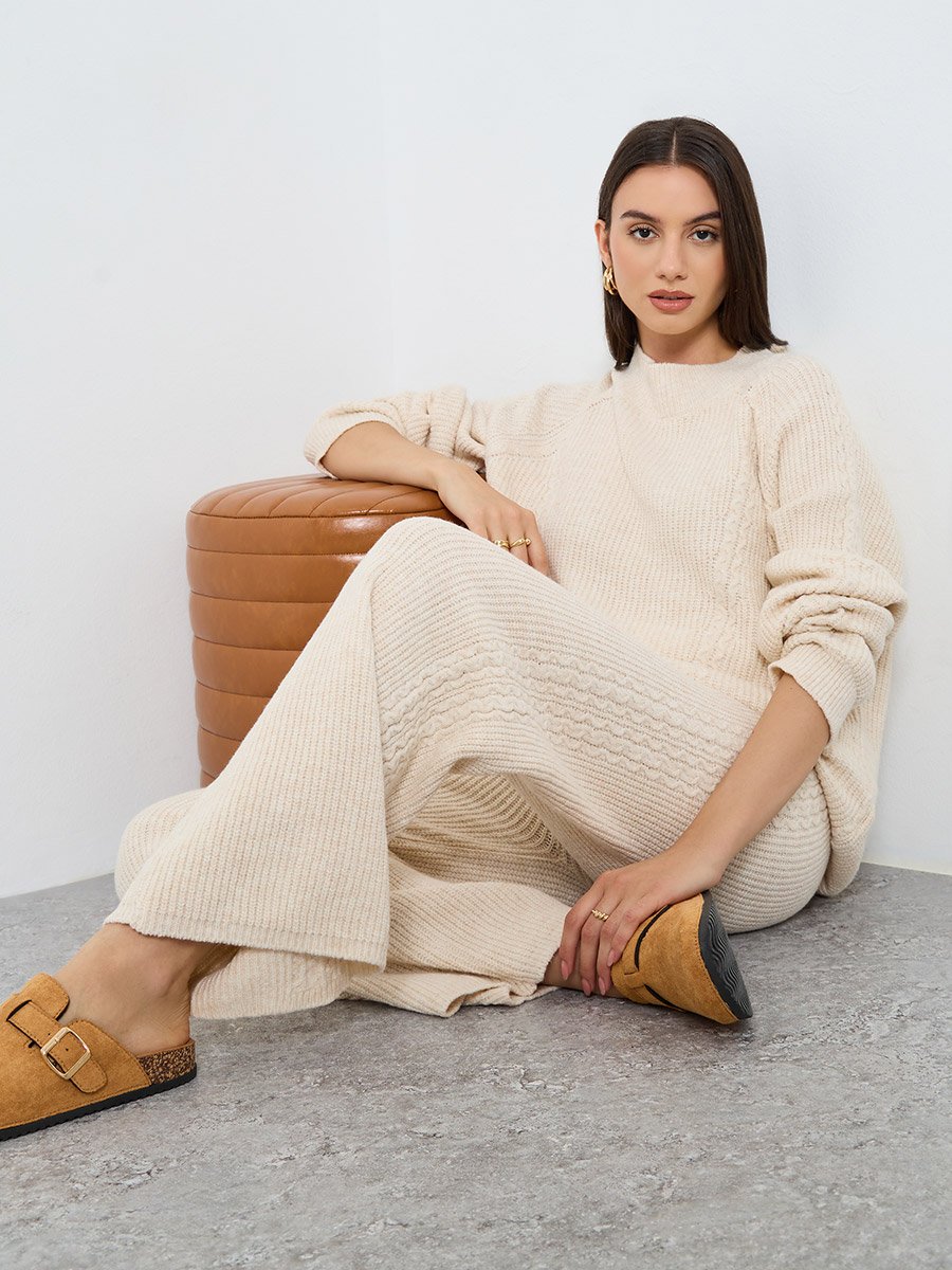 Beige Textured Cable Knit Sweater and Pants Co-ords