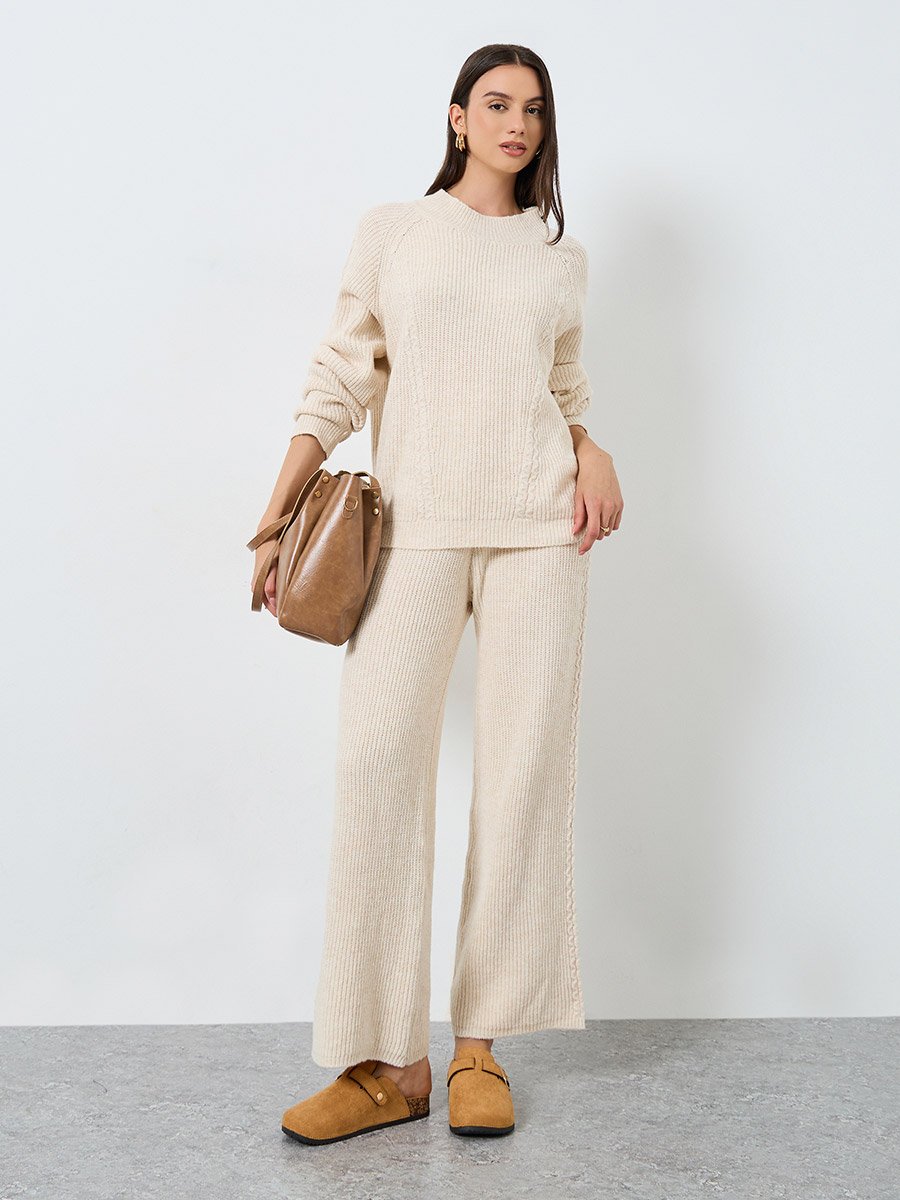 Beige Textured Cable Knit Sweater and Pants Co-ords