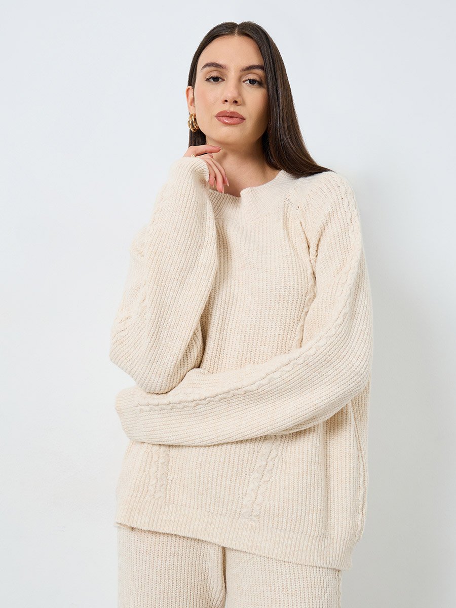 Beige Textured Cable Knit Sweater and Pants Co-ords