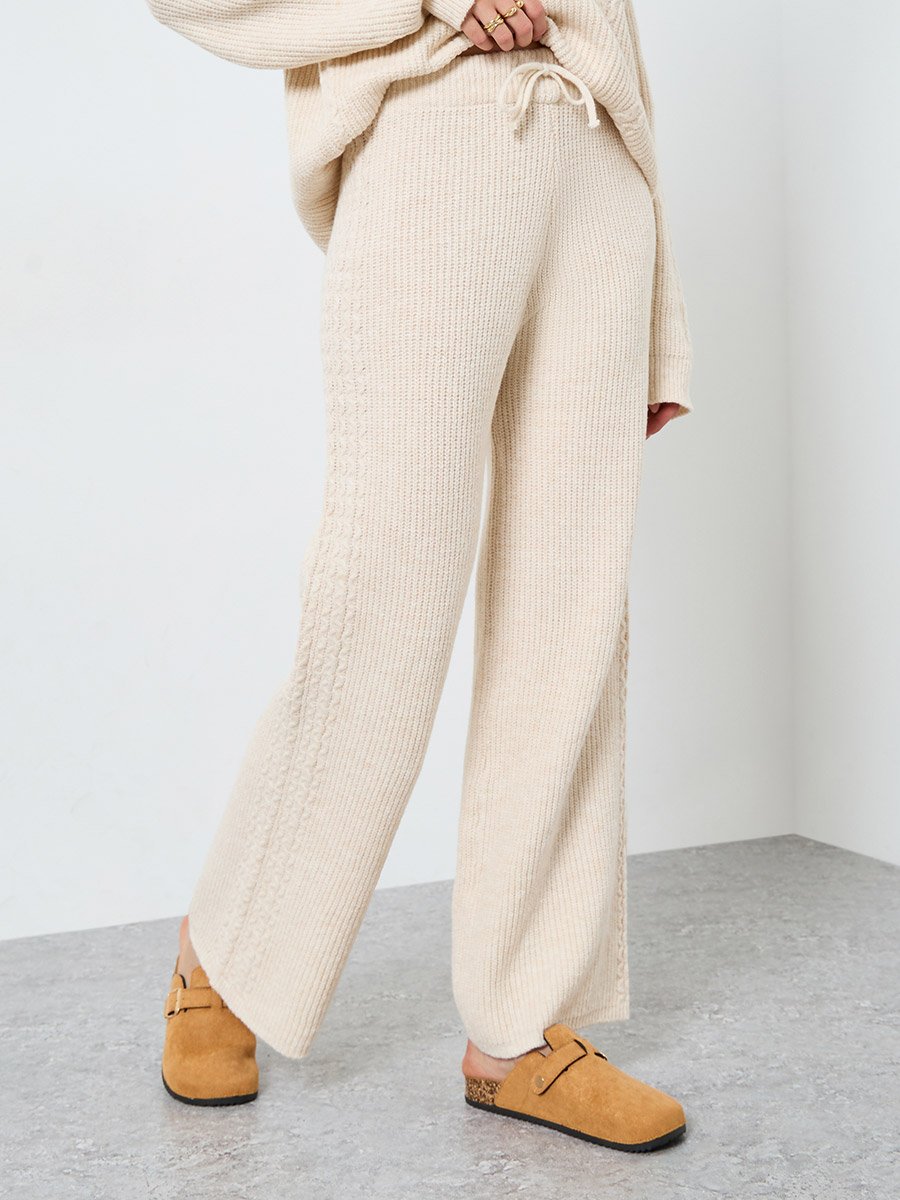Beige Textured Cable Knit Sweater and Pants Co-ords