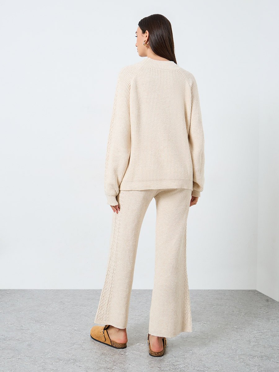Beige Textured Cable Knit Sweater and Pants Co-ords
