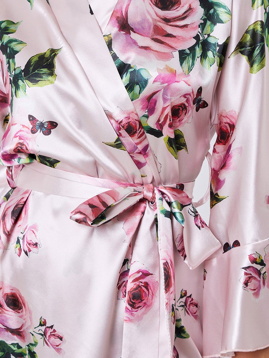 Floral Print Ruffle Detail Satin Robe