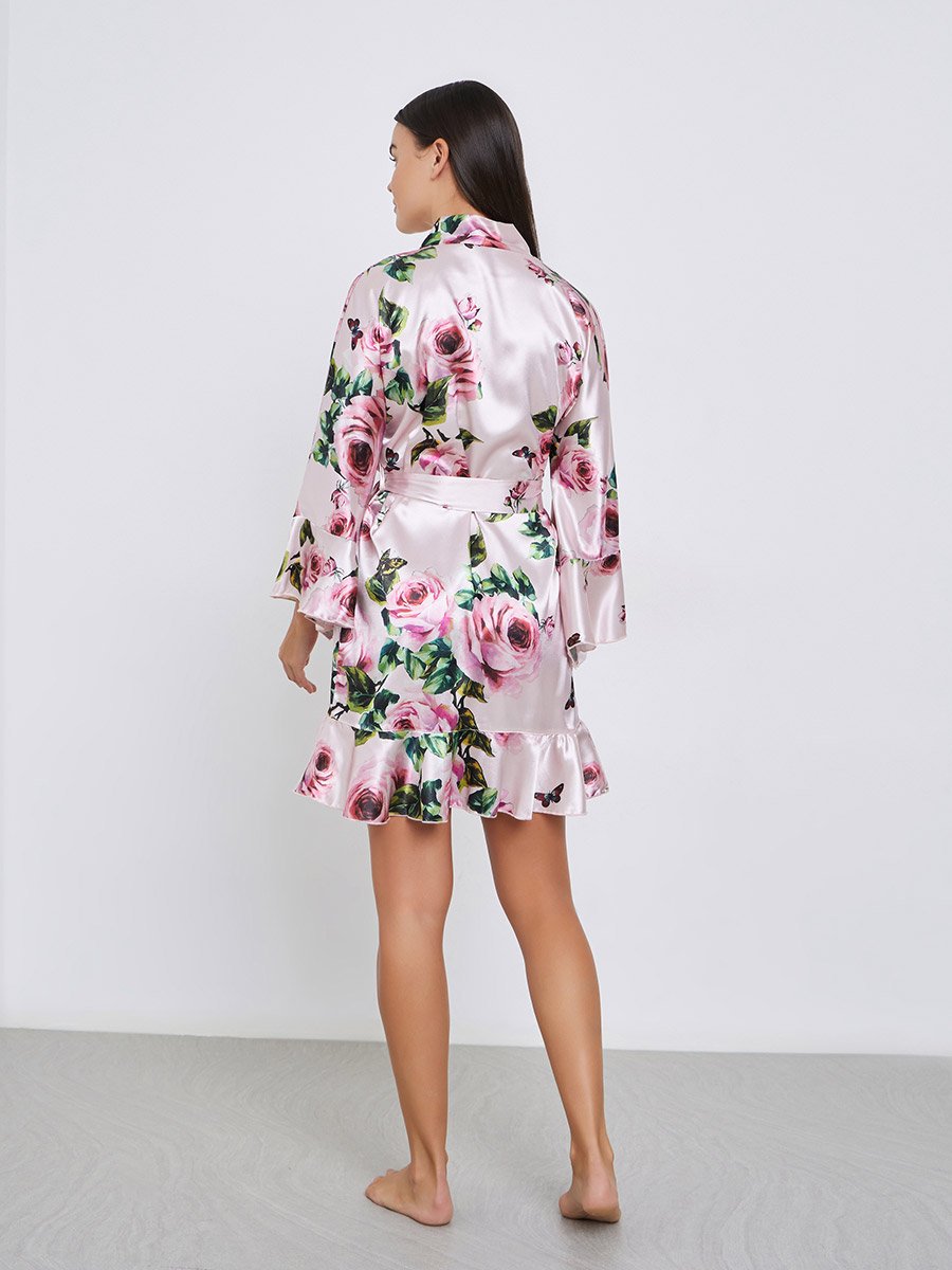Floral Print Ruffle Detail Satin Robe
