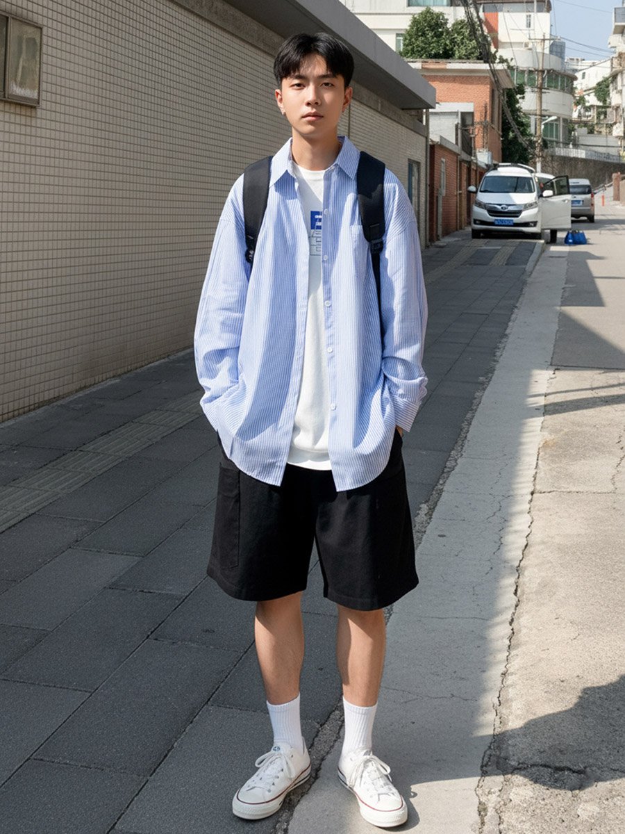Men Blue Striped Oversized Shirt
