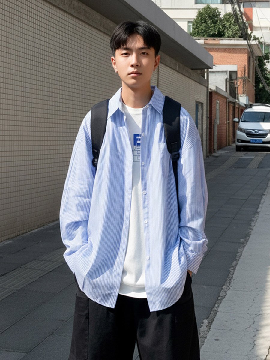 Men Blue Striped Oversized Shirt