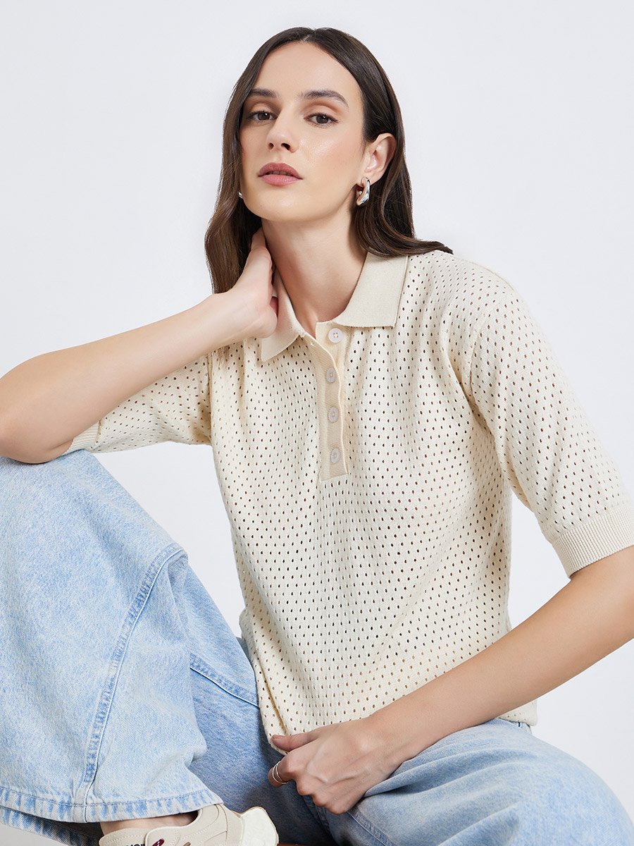 Women Crochet Look Flat Knit Polo T-Shirt