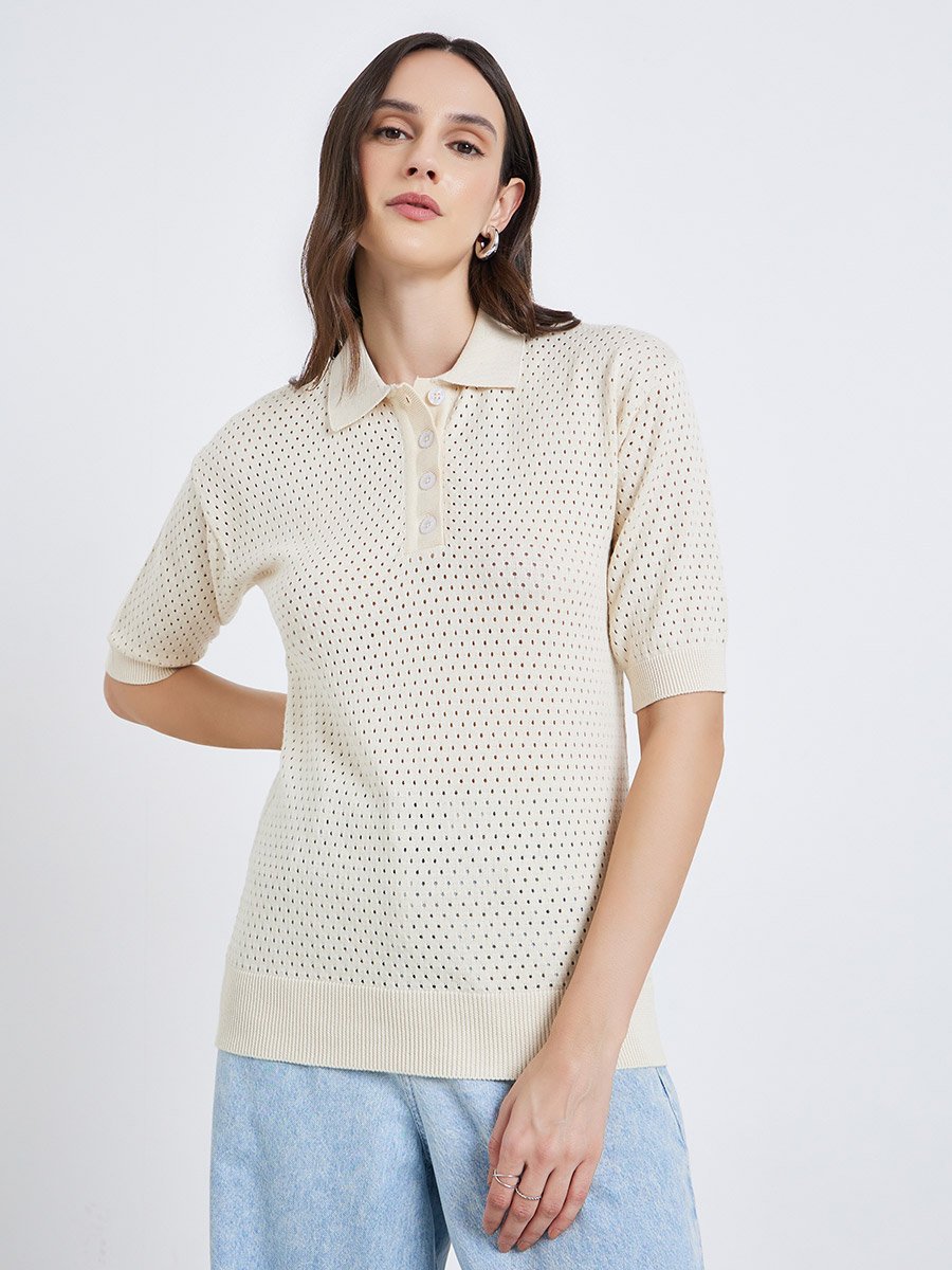 Women Crochet Look Flat Knit Polo T-Shirt