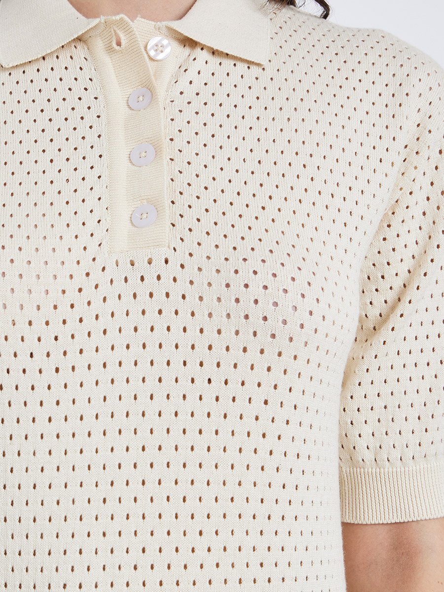 Women Crochet Look Flat Knit Polo T-Shirt