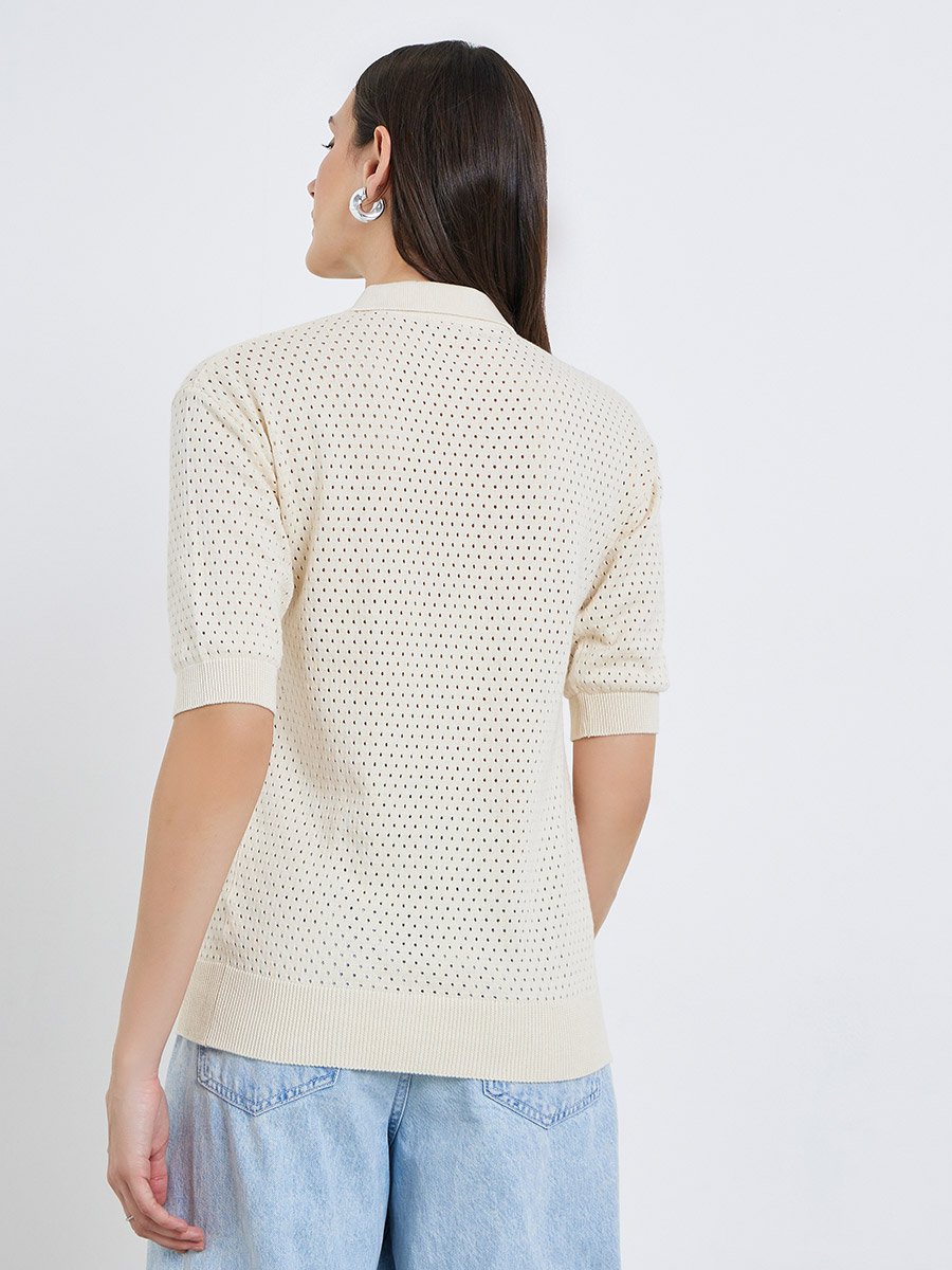 Women Crochet Look Flat Knit Polo T-Shirt