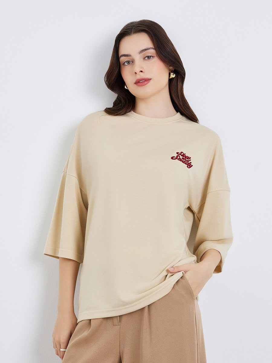 Women Embroidered 100% Cotton Oversized T-Shirt