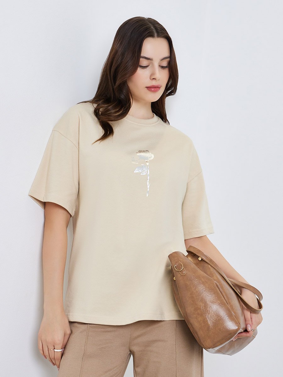 Women Rose Foil Graphic 100% Cotton T-Shirt