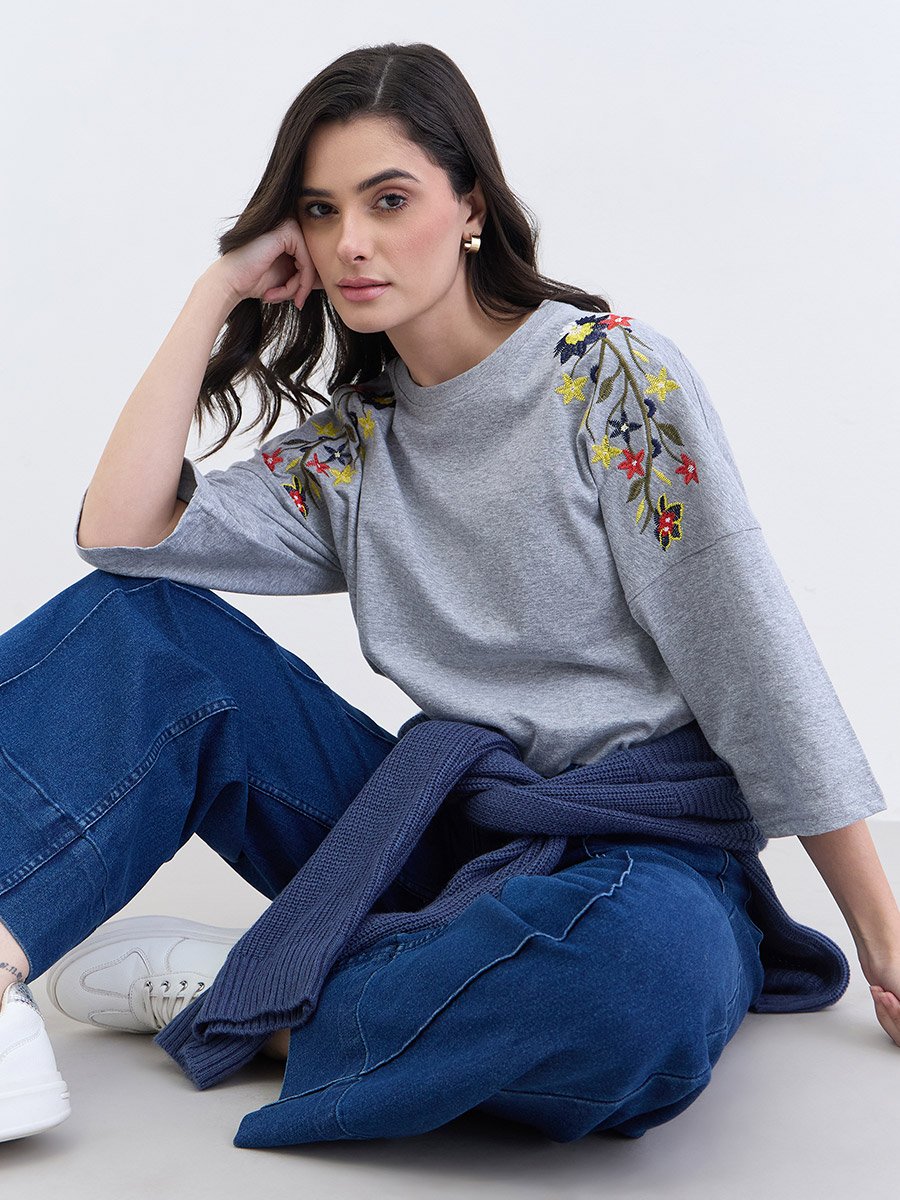 Grey Floral Embroidered Oversized T-Shirt