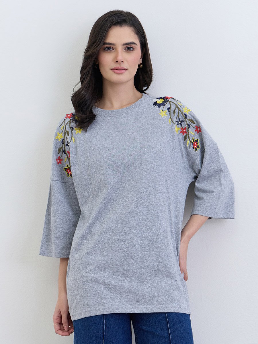 Grey Floral Embroidered Oversized T-Shirt