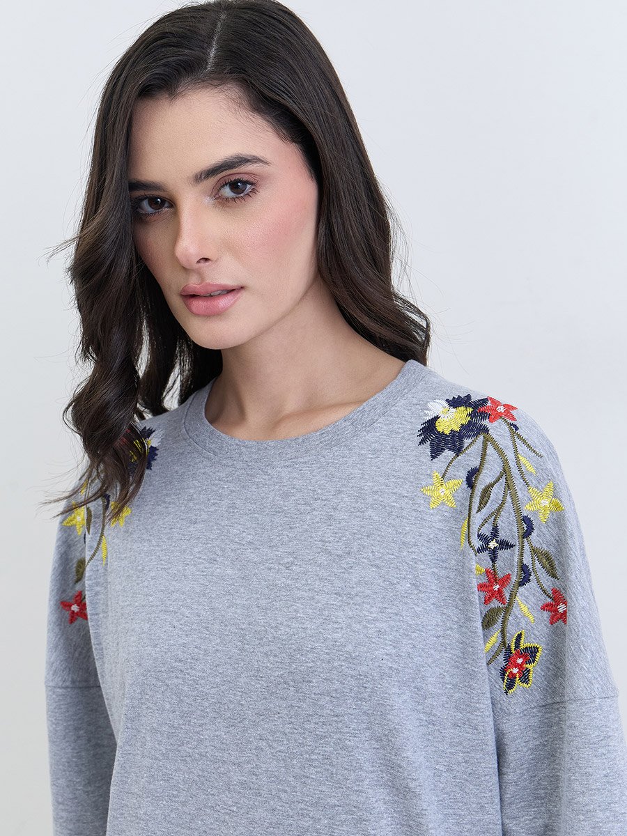 Grey Floral Embroidered Oversized T-Shirt
